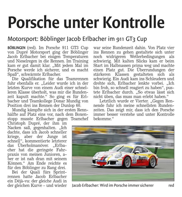 Porsche unter Kontrolle - Jacob Erlbacher in Hockenheim mit dem Dupré Motorsport Team