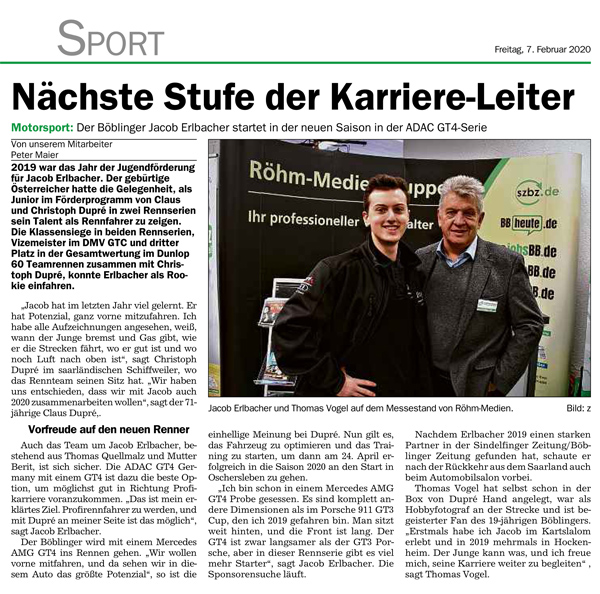 20200208_SZBZ_Erlbacher weiter mit Dupré Motorsport 