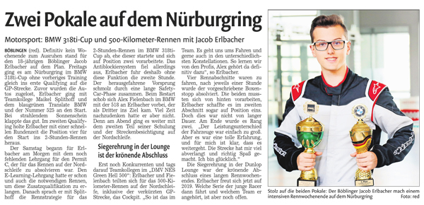 Jacob Erlbacher holt sich zwei Pokale beim Debüt am Nürburgring - BMW 318ti Cup