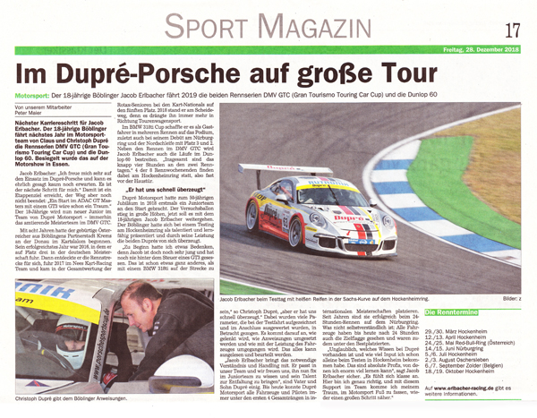 Jacob Erlbacher im Dupré Porsche auf große Tour - 2019 DMV GTC und Dunlop60 - Sponsoren gesucht